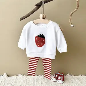 Autumn Baby Girl Cotton Knit Set Strawberry Embroidered  Long sleeved sweatshirt + Pants 2-Piece Set 1-3Y Baby Girls Clothes Cute Casual Fall