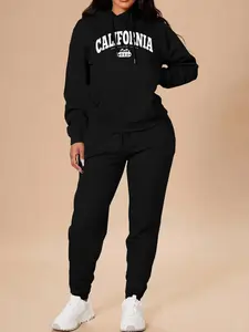 Women's Letter Print Pocket Hoodie & Drawstring Waist Pants Two-piece Set, Casual Long Sleeve Hooded Sweatshirt & Pocket Trousers, Women's Fall & Winter Clothes for Daily Wear, Casual Loungewear Set, Womenswear