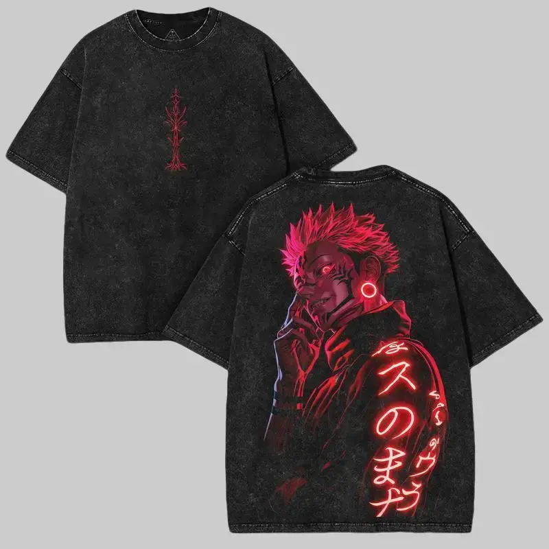 Ryomen Sukuna Jujutsu Kaisen Oversized Washed Tee Heavy Cotton Neon Red Graphic Shirt Anime Collector Essential Double Sided Prints Big Bold Graphics 90s Graphic American Casual Short Sleeve Tee | Unisex T-Shirt for Daily, Gym & Streetwear