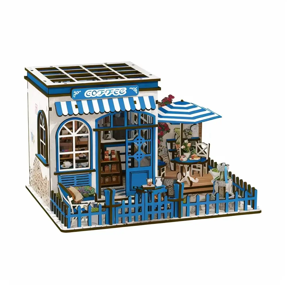 Santorini Coffee Shop DIY Book Nook Kit 3D Wooden Miniature with LED
