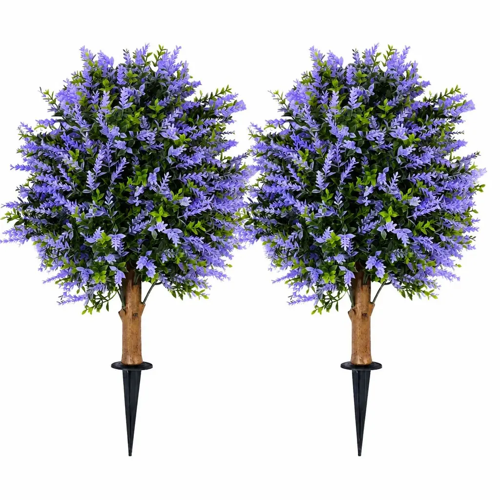 24" Artificial Lavender Boxwood Topiary Ball Trees, Set of 2 Fake Shrubs Bushes with Ground Spike, UV Resistant Faux Evergreen Tree for Front Porch Outdoor Garden Decor