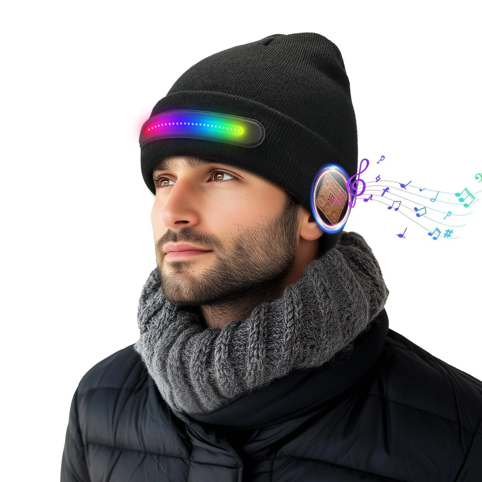 Solid Knit Hat with Rechargeable Headlight & Built-in Speaker, M1-BTD4 Model for Sports, A Gift for Music Lovers, Bluetooth, Led Light, Beanie, Outdoor, Birthday, Plain, Polyester, Portable, Removable Speaker, Polyester Clothes, Unisex, Headlamp