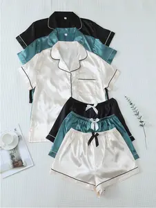 Solid Color Satin Pajama Set with Casual Short Sleeve Button-Down Shirt & Bowknot Shorts for Women - Loungewear & Nightwear