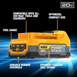 DeWalt 20V POWERSTACK Compact Battery DCP034 - Compatible with All 20V Max Tools & Chargers, Optimized Size, Durable Rubber Overmold