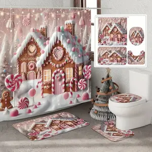 4pcs Christmas Snowman Shower Curtain Set, Modern Home Decor, Housewarming Gift, Includes 12 Shower Curtain Hooks, Bathroom Accessories