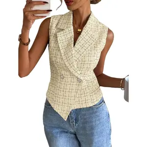 Mina Self 2026 Spring Women'S Tweed Plaid Vest Tops - Sleeveless cropped Cute Fully-Lined Work Casual Blazer