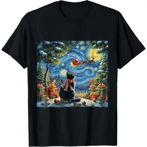 Christmas Cat Starry Night Holiday Van Gogh Xmas Santa Gifts T-Shirt