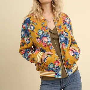 Floral Print Bomber Jacket in Mustard with Vibrant Floral Pattern and Zipper Closure for Women