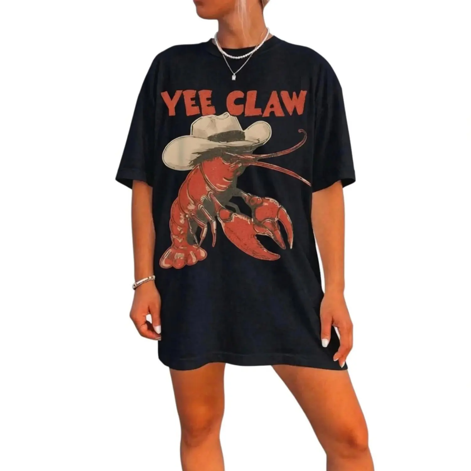 Women's Graphic T-Shirt, Vintage Cowboy Crawfish Western Print, Oversized Relaxed Fit, Soft 100% Cotton with Breathable Fabric for Summer & Everyday Fits, Tshirt, Women's Graphic Tees