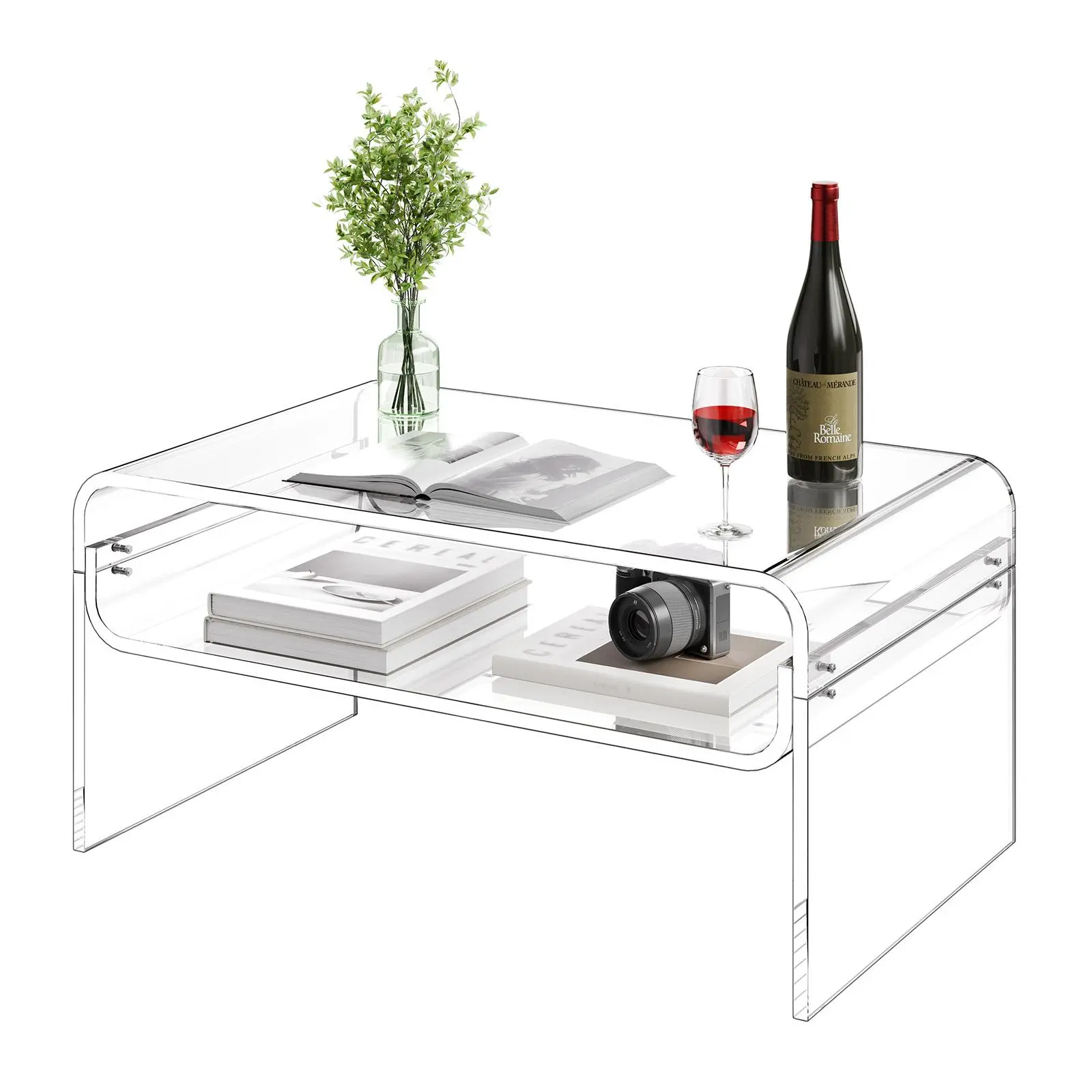 VEVOR Acrylic Coffee Table - 2-Tier Center Piece with Storage Shelf, Modern Rectangle Desk, Ideal for Living Room, Dining Room, 19.7x31.5x15 in (Clear), Coffee Table Living Room