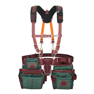 TRUTUCH Green Nylon and Leather Tool Belt with Leather Work Suspender | Framing Tool Bags | Leather Tool Belts | Leather Work Suspender