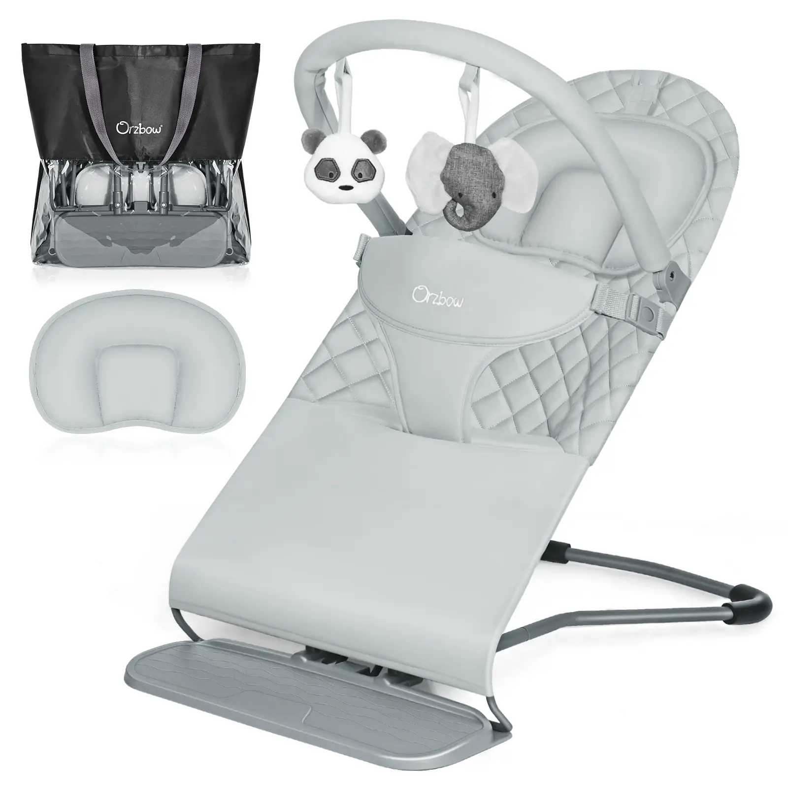 Orzbow Portable Baby Bouncer, Foldable Baby Bouncer Seat with Storage Bag and Removable Play Bar, 3 Recline Positions, 0-12 Months Up to 20lbs, Ergono