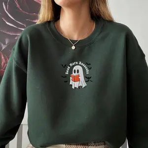 Embroidered Read More Books Ghost Sweatshirt – Bookish Design for Halloween and Fall, Cute Reading Ghost Sweater for Teachers and Librarians