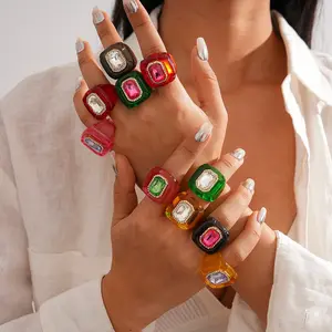 Y2K Dopamine Multicolor Geometric Jelly Artificial Zircon Chunky Ring Accessories For Women Mothers Day Gifts Ideas Cute Gifts For Girlfriend