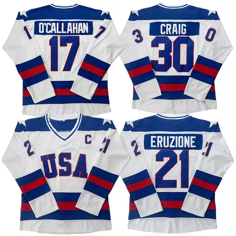 90s Hockey Jersey O'CALLAHAN #17 ERUZIONE #21 CRAIG #30 USA 1980 Olympic Team lce Stitched Lettersand Numbers large size S-3XL white blue Outdoor sportswear vintage style match day sweatshirt Winter Olympics fan merchandise, V-Neck Shirts, Long Sleeve Shi