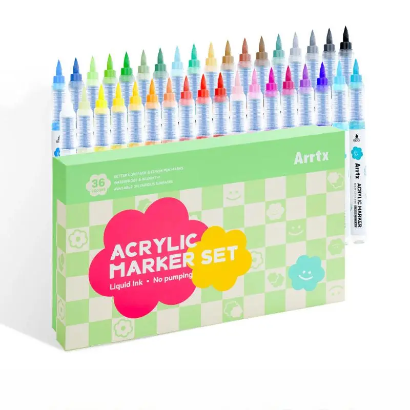 Arrtx Acrylic Marker Pens - 36-Piece Brush Tip Colorful Marker Set, Waterproof Assorted Paint Supplies for Rock DIY Crafts, Office & Art Stationery, Marker Pen