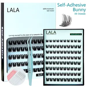 【Bunny】【Self-Adhesive】LALA Eyelashes 10-16m D-Curly Pre-Glued Lash Clusters Easy Application & Reusable No Glue Needed for Natural Look