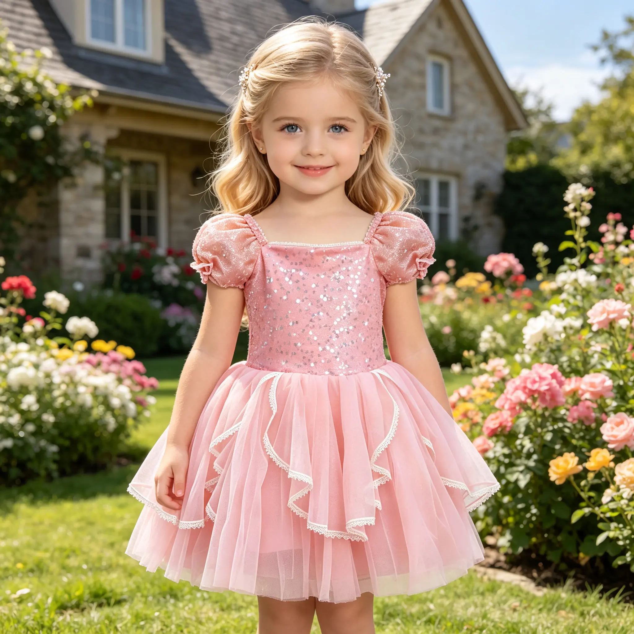Girls Pink Sequin Princess Tutu Dress, Puff Short Sleeve Lace Trim Tulle Gown for Birthday Party & Photoshoot