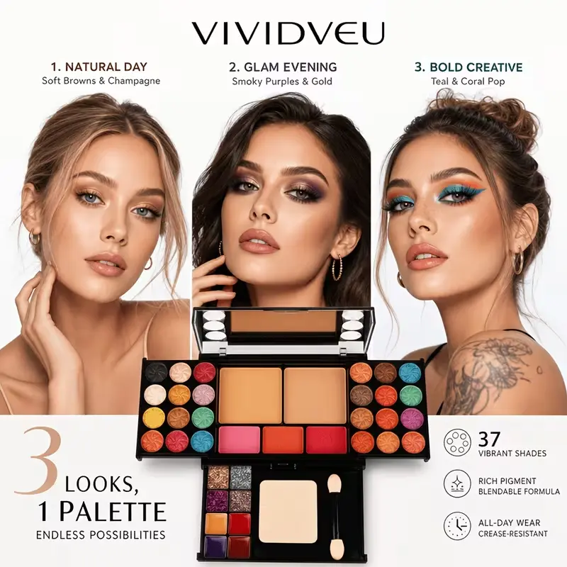【VividVeu 2.0 Upgrade Makeup Gift Set】 – All-in-One makeup kit with eyeshadow, lipstick, blush, foundation, mascara, and brow pencil. Includes brushes, puff sponge, and . Long-lasting, waterproof, and perfect for daily makeup, parties, and gifting. mirror