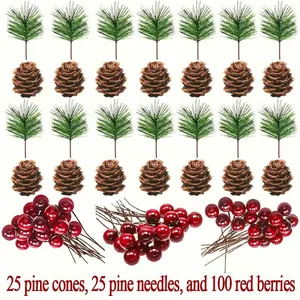 150pcs Artificial Pine Needles Set, Includes Mini Pine Needles & Berries, Ideal for DIY Christmas Tree, Wreath & Holiday Décor
