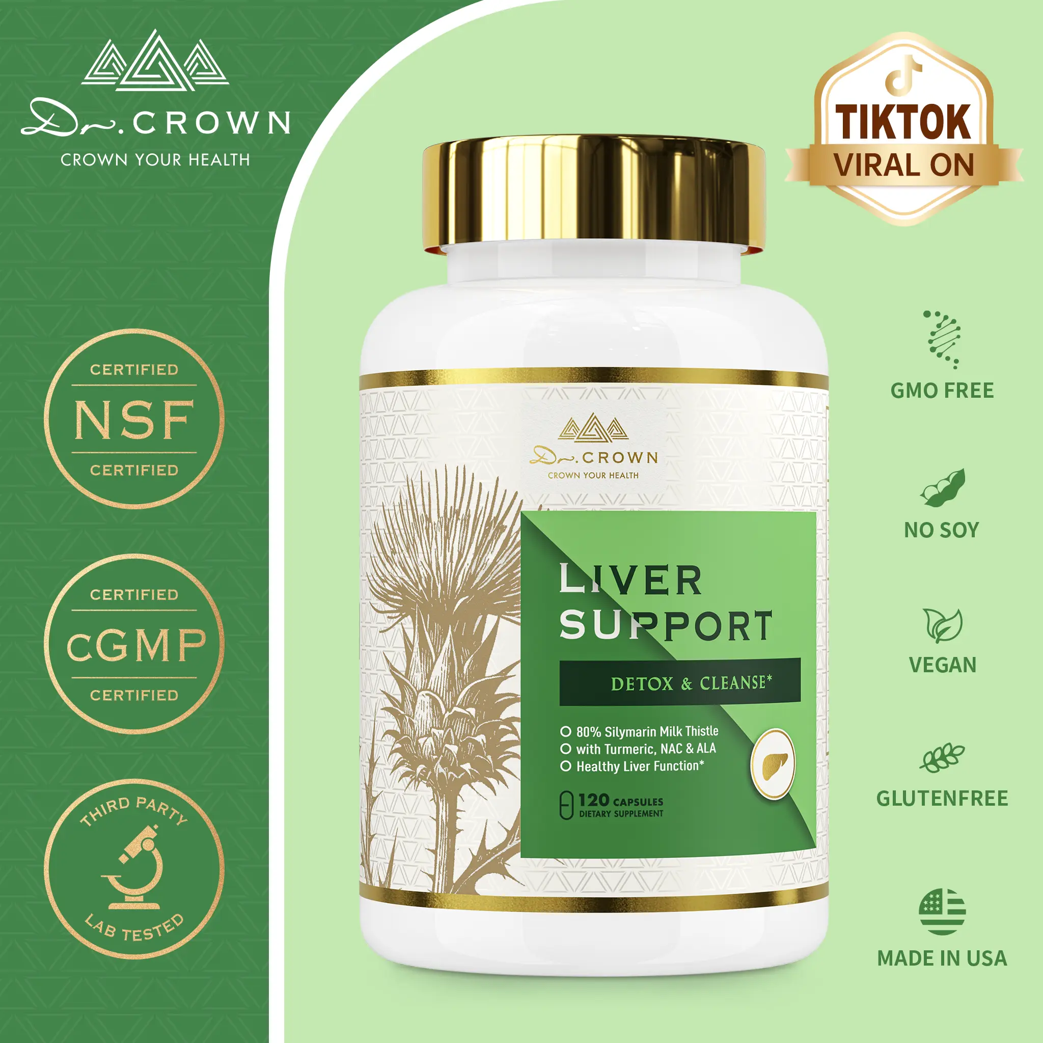 Dr. CROWN Liver Support Supplement for Cleanse & Detox with Milk Thistle, NAC, ALA & Turmeric - 120 Capsules Dr. CROWN Liver Support Supplement for Cleanse & Detox with Milk Thistle, NAC, ALA & Turmeric - 120 Capsules