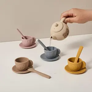 Silicone Afternoon Tea Set, Cute Bear Wooden Pretend Play Toy, Girl Mini Teacup Teapot Set, Parent-Child Interactive Game, Christmas Gift