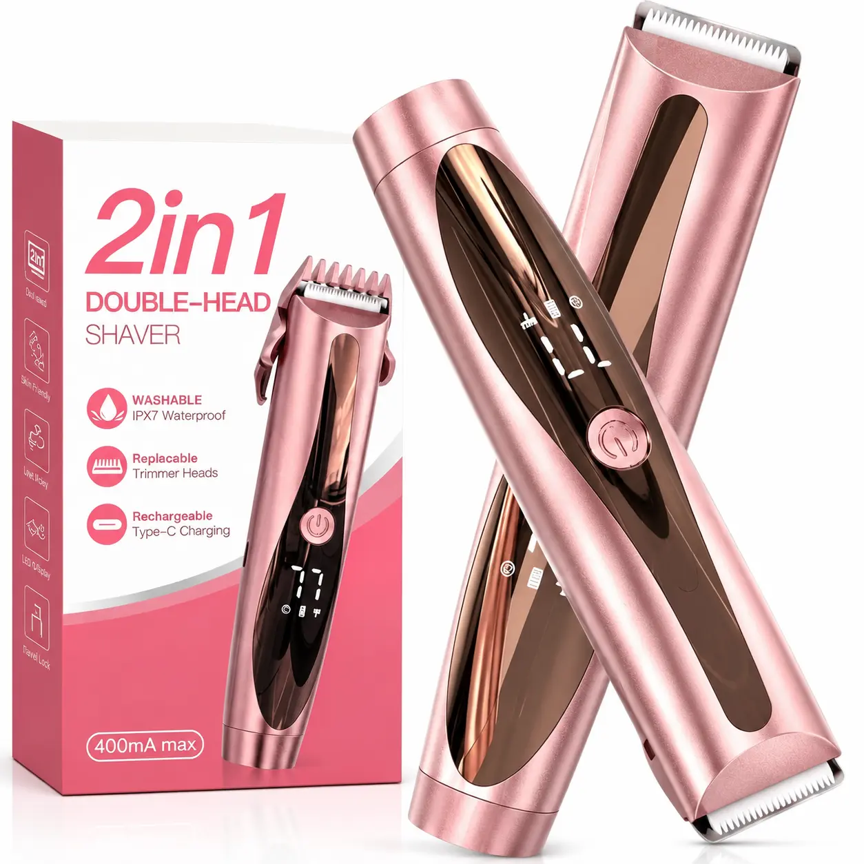 Women's 2-in-1 Tungsten Steel Bikini Trimmer & Electric Shaver, Waterproof Rechargeable Painless Hair Remover, Double-Head Design for Gentle Close Body & Facial Grooming