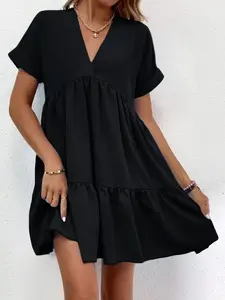 Women V Neck Loose Flowy Swing Shift Dress Summer Short Sleeve Casual Summer Mini Tunic Dress