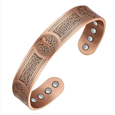 Feraco Pure Copper Adjustable Unisex Bracelet - Open Closure, 18 Powerful Magnets, 3800 Gauss, Tree of Life Design Charm, 6.89"(17.5cm)x0.59"(1.5cm), Magnetic Therapy Benefits, Daily Wear Jewelry Gift for Friends