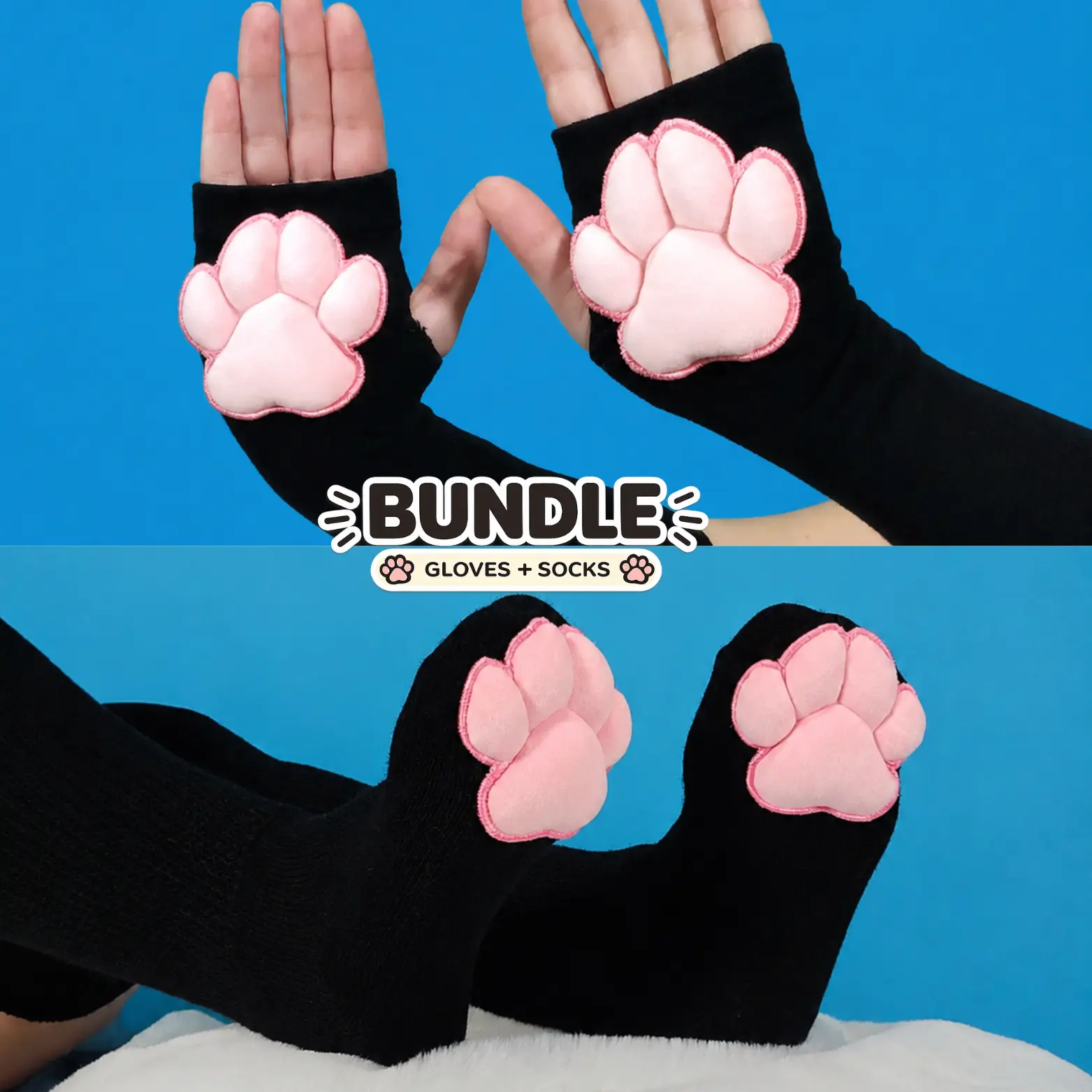 Paw Socks & Glove Set– Pink Plush Paw Pads Black Thigh Highs Paw Socks & Glove Set– Pink Plush Paw Pads Black Thigh Highs