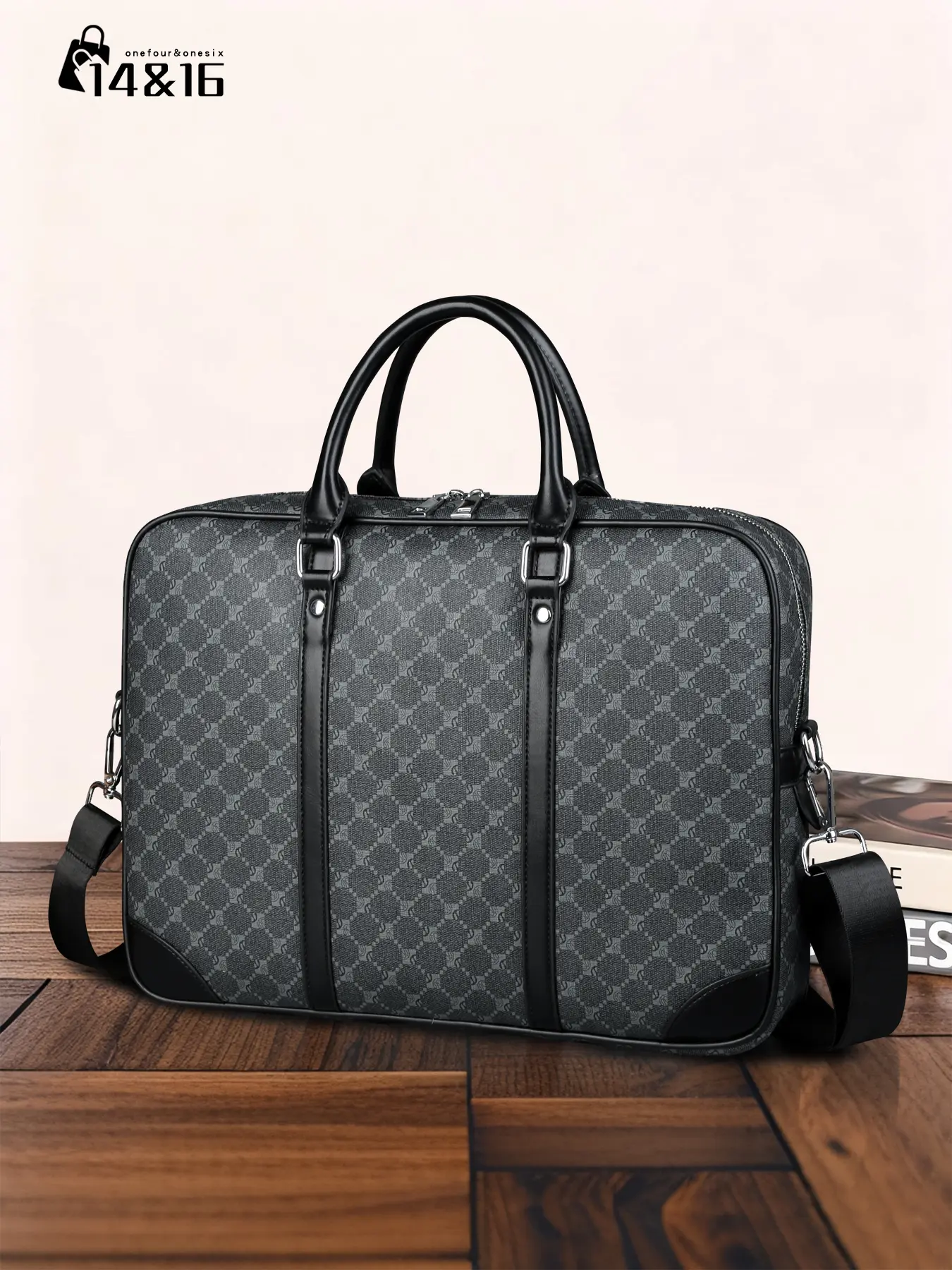 Men's Business All Over Pattern Briefcase, Large Capacity Computer Bag, Fashionable Solid Color Zipper Crossbody Bag for Work & Daily Used, Travel Essentials Bag PVC