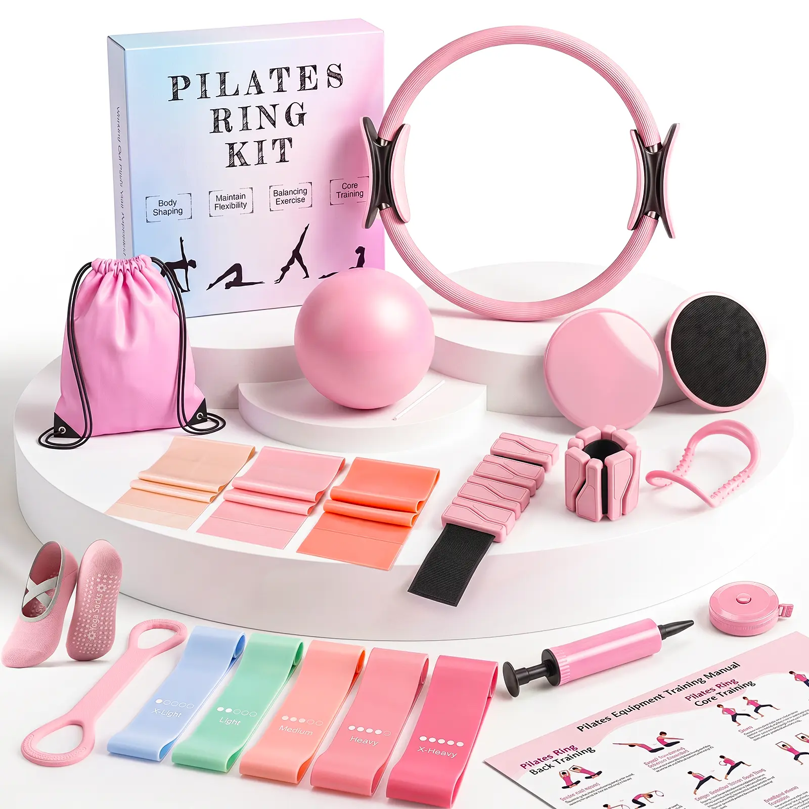 24 PCS At Home Pilates Kit, Pilates Equipment with 14.5" Pilates Ring and Ball, Ankle Weights, Bands, Slider, Stretch Ring, Grip Socks, Pilates Set Essentials for Starter Workouts