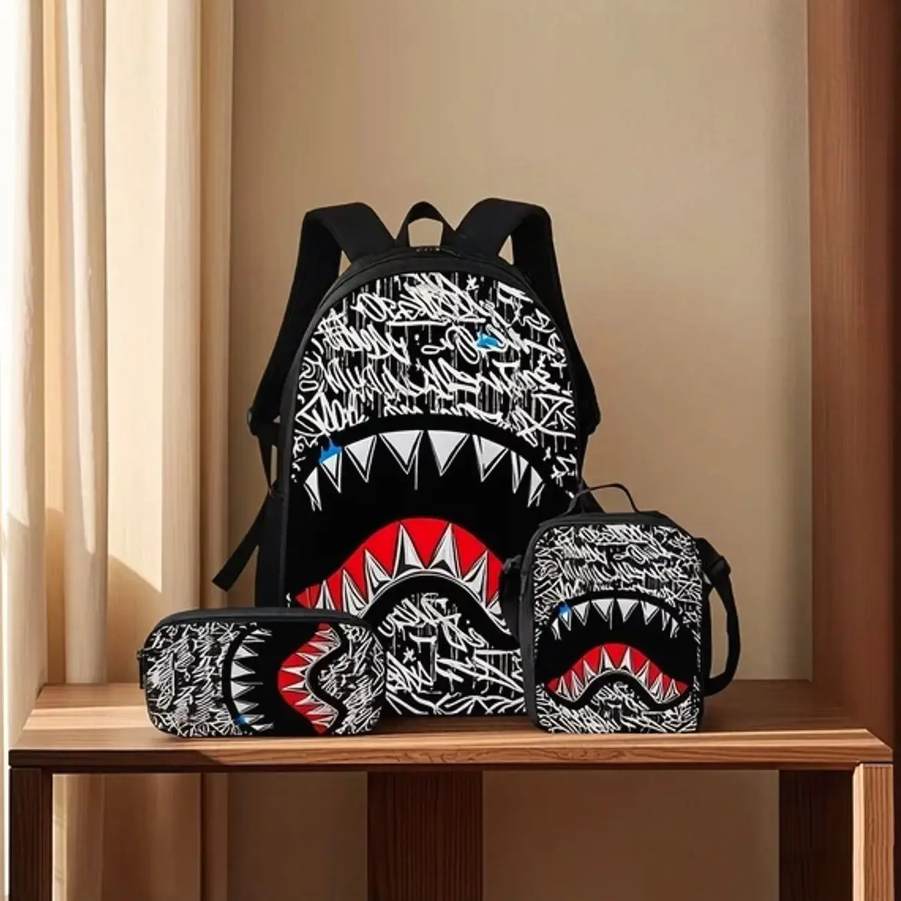 Cool Urban Camo Shark Squad 3-Piece Backpack Set | 2026 Fashionable Large Capacity Schoolbag Insulated Lunch Box Pencil Case | Student Gift