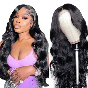 32-Inch Wear and Go Glueless Wigs Human Hair Pre-Plucked Pre-Cut 5x5 HD Lace Closure Wigs for Women 180% Density Body Wave Natural Look Natural Black Color