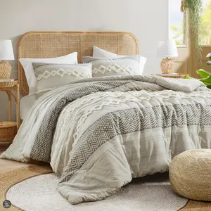 Farmhouse Comforter Set Gray, Full/ Size Boho Bedding Sets,  Top with Modern Neutral Style Clipped Jacquard Stripes, 3-Pieces Including Matching Pillow Shams (90x90 inches)