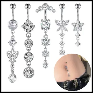 5pcs 14G Pendant Women'S Belly Button Set, Sporty Style, Stainless Steel, Synthetic Cubic Synthetic Zirconia, for Daily Occasion