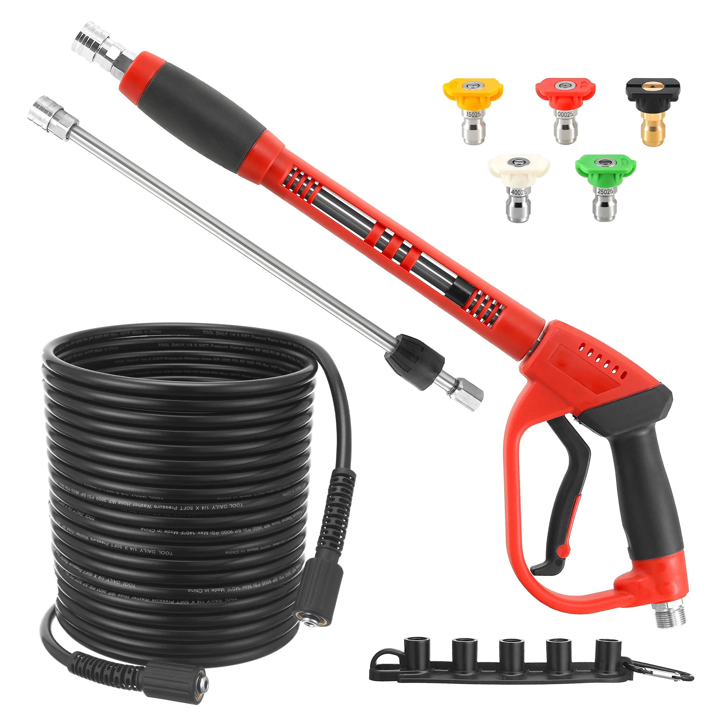 Heavy Duty Car Wash Jet Pressure Washer Gun & Hose Kit, 50 FT Hose, 5 Nozzle Tips, M22-14 Fitting, 5000 PSI, Ergonomic Handle, Quick-Connect Compatibility, Works with Driveways/Siding/Foam Cannons - Car Washing Attachment, Father's Day Gift