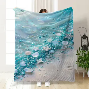 1pc Fresh Blue Wave Beach Starfish Shell Blanket, Soft Skin-Friendly All-Season Nap Cover, Modern Print Style, Ocean Theme