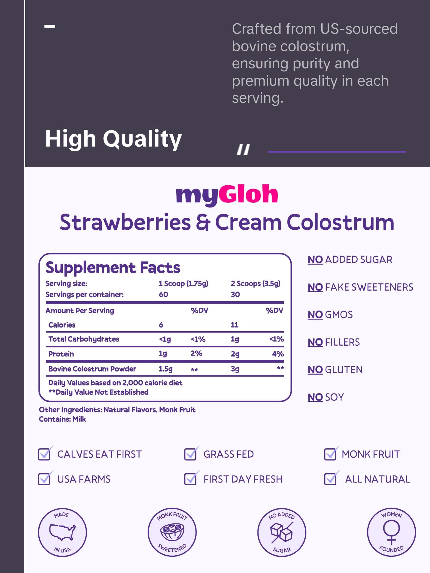 myGloh Colostrum Premium Powder | Gut Health & Bloating, Hair Growth & Skin Glow Beauty Supplement, Immune Support | Natural Flavor Strawberries & Cream | Grass-Fed Bovine Colostrum Superfood | High IgG, Gluten Free, Bioactives | Healthcare