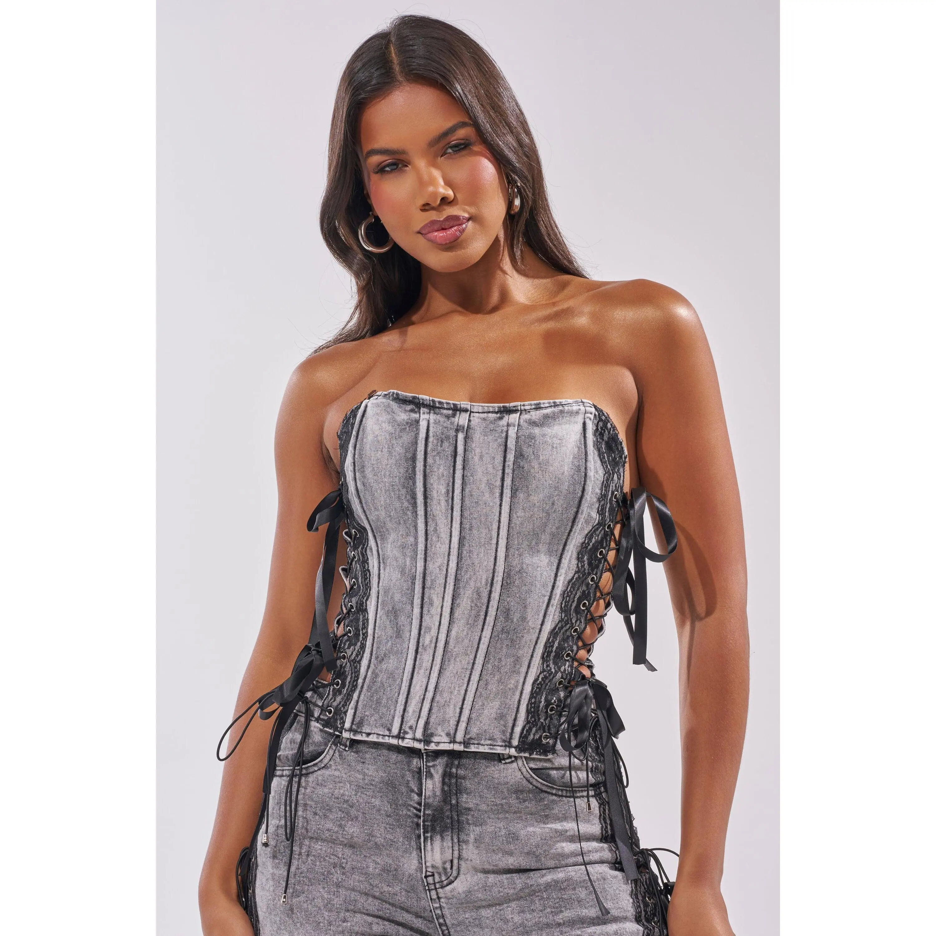 TICKED AND TIED LACE DETAIL DENIM CORSET