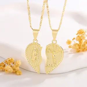 Virgin Mary Heart Necklace 14K Gold Plated Double Chain Combination Prayer Pendant for Women & Men TE AMO Inscribed Couple Necklace 50cm Chain Length