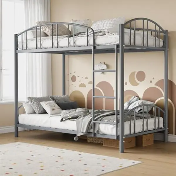 GARVEE Bunk Bed Twin Over Twin with Ladder and Arched Guardrail, Heavy Duty Bunkbeds Frame with Sturdy Steel Slats Support for Kids Boys Girls, Space-Saving, No Box Spring Needed, Gray