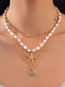 3 Pcs/Set 2026 New Women Boho Style Sea Star Shell Pendant Necklace Set, Alloy Material, All-Season Wear, Layered Design, Ideal Gift & Accessory