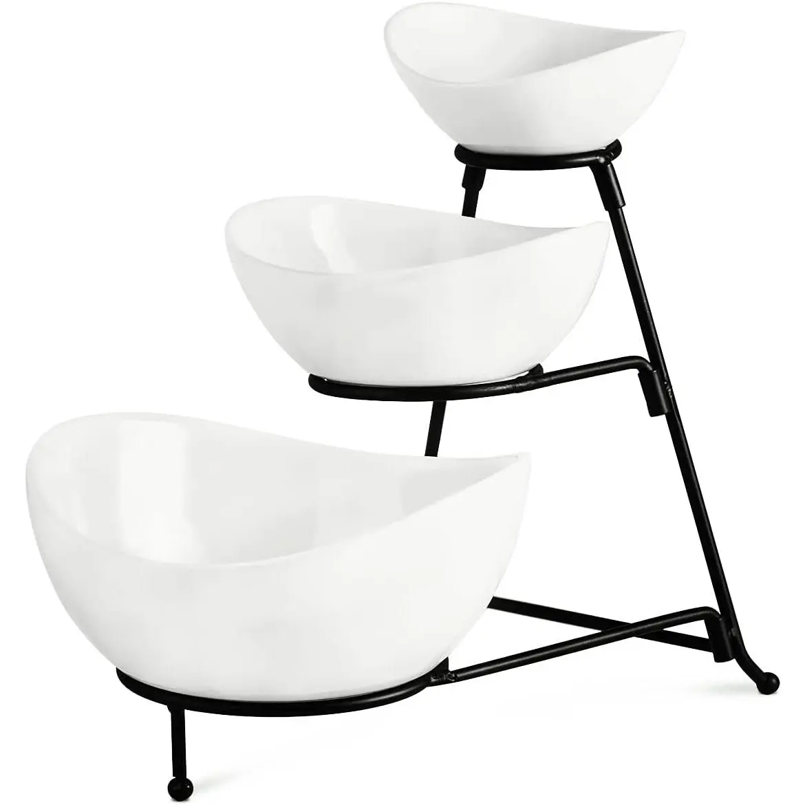 Iron & Ceramic Kitchen Serving Display Rack Set - 3-Layer Sturdy Adjustable Thick Metal Rack with 3 Oven-Safe Oval Ceramic Salad Bowls, Kitchen/Dining Organiser for Baby Shower, Birthdays