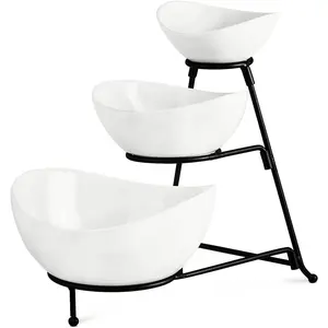 3 Tier Serving Stand with 3 Oval Porcelain Serving Bowl Set with Collapsible Thicker Sturdier Metal Rack (Black)