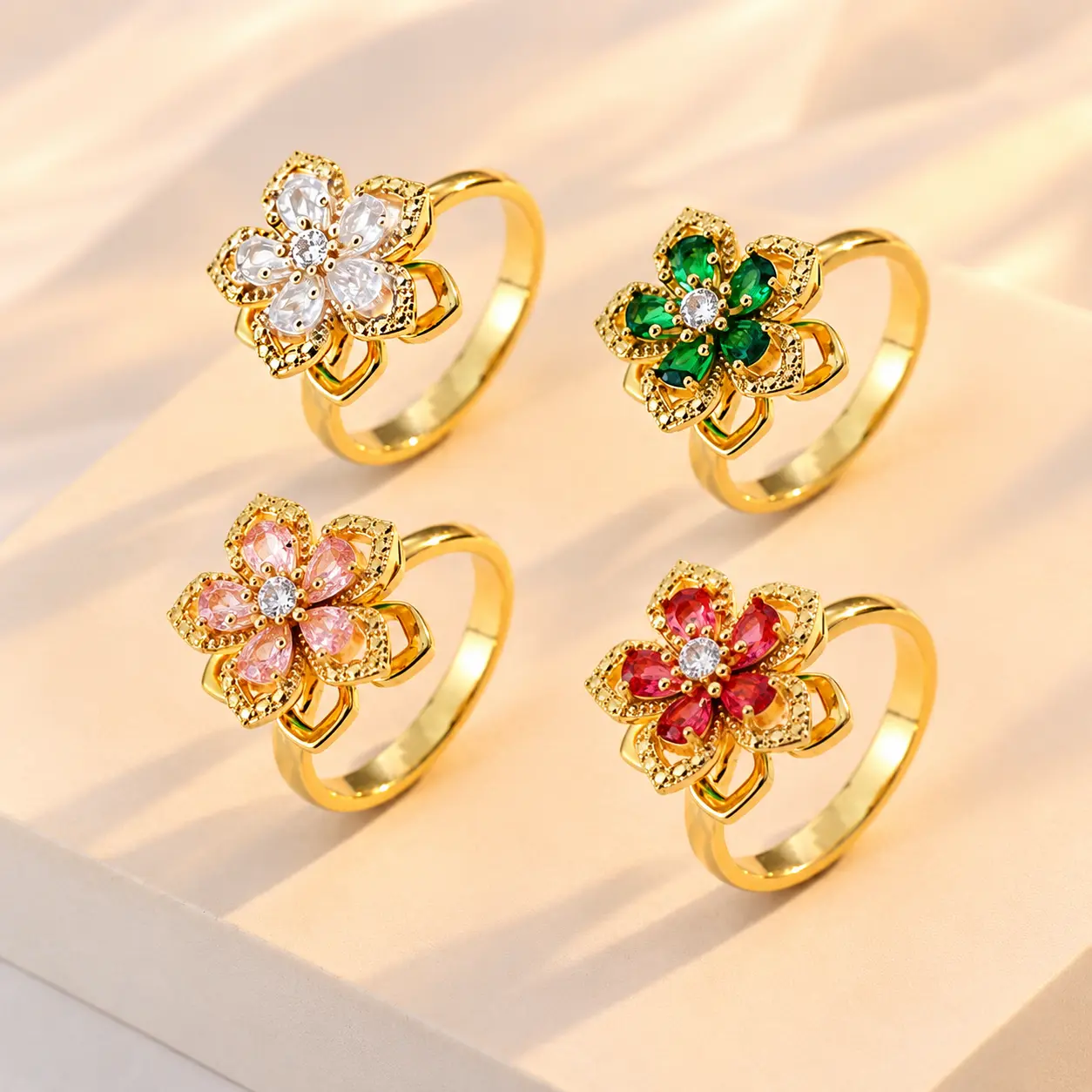 Luxury Flower Crystal  Fidget Spinner Rings -Gold Cubic Zirconia Ring, Rotatable Cuff Pinwheel Ring for Women,Flower Rotating Ring Anti Stress Gift