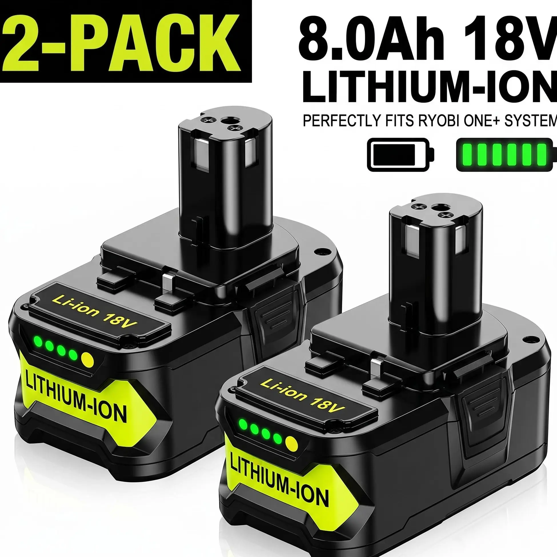2-Pack 8.0Ah Replacement Battery for Ryobi 18V ONE+ P108 P102 P107 Lithium-Ion with LED Indicator