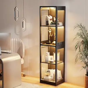 BROTTAR Glass Display Cabinet, 4-Tier Curio Cabinets with 3 Color Lights for Collectibles, Storage Cabinet with Door, Glass Display Case & Bookcase with Human Body Sensor, Black