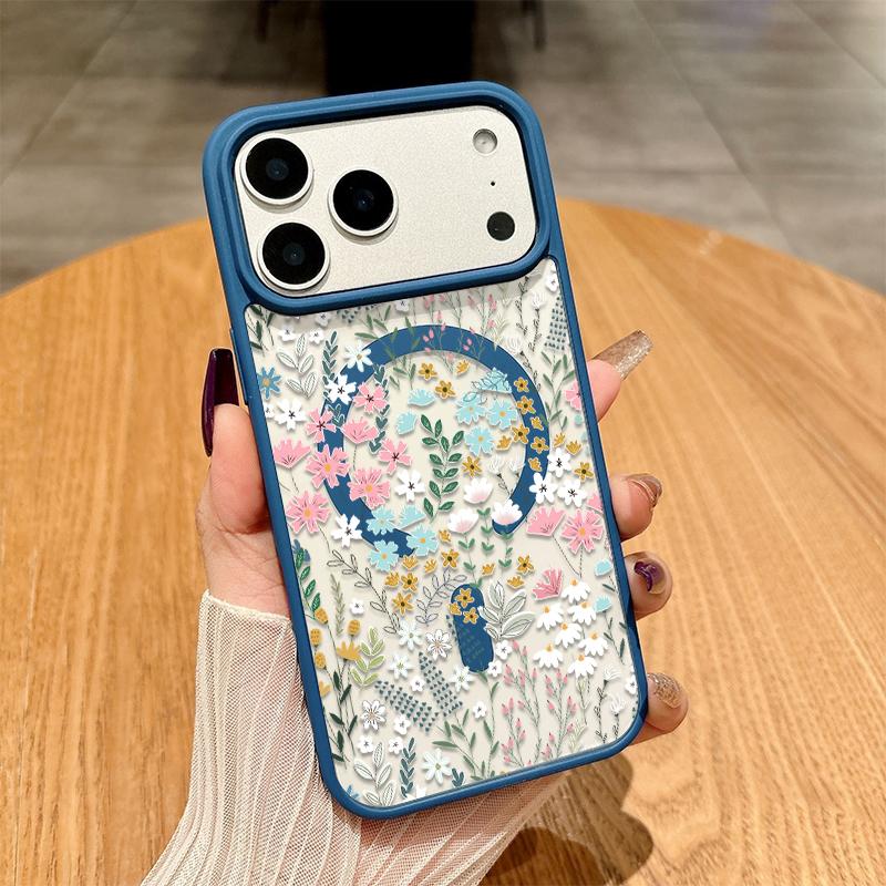 Chic Botanical Graphic Phone Case Hand-Drawn Style Pink, Blue & Yellow Wildflowers Paired With Lush Greenery Featuring Built-In Strong Magnet Ring Blending Smooth Macaron Texture With Secure Magsafe Compatibility For iPhone 17 16 15 14 13 12 11 X XS