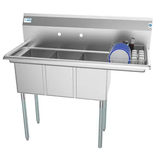 45 in. Three Compartment Stainless Steel Commercial Sink with Drainboard, Bowl Size 10"x 14"x 10" SC101410-12R3.